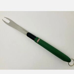 Meat Fork Coleman BBQ Grill Tool Green Handle Stainless Steel kitchen vtg